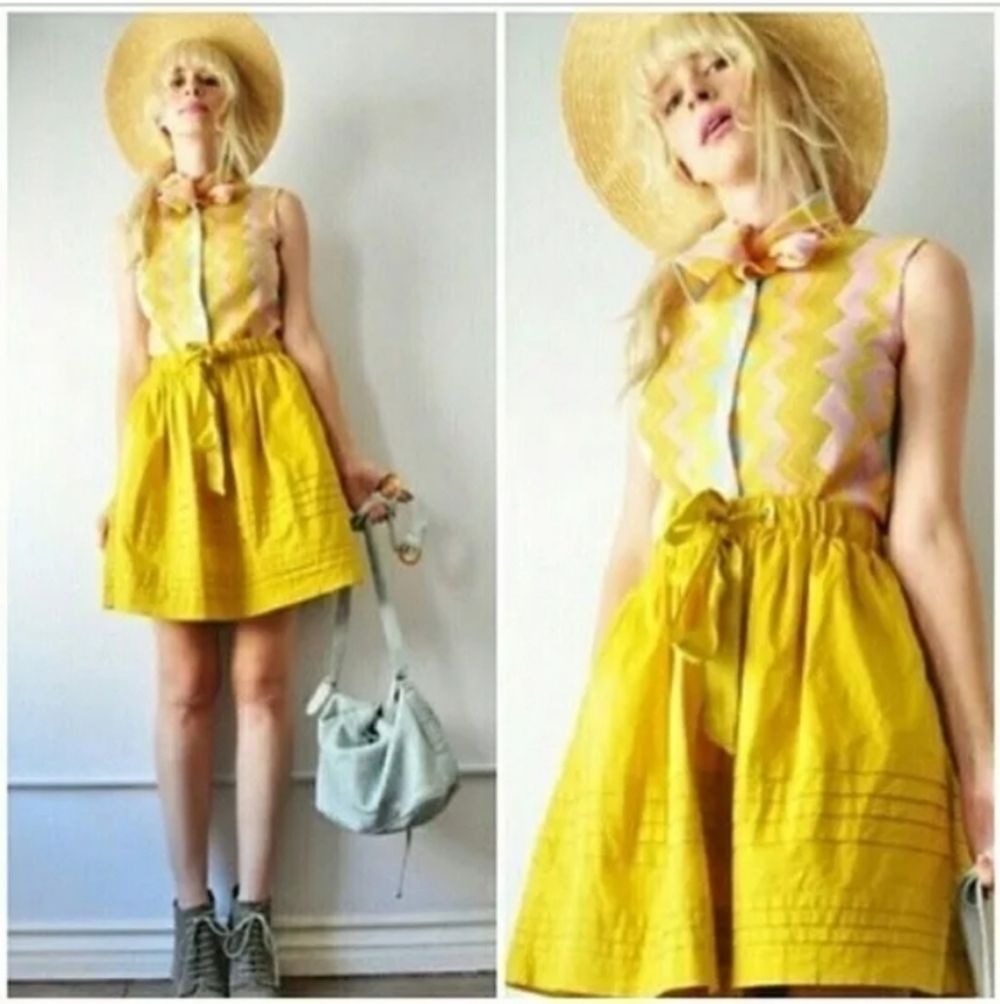 Anthropologie Odille Drawing Parallels Pleated Pocket Skirt in Marigold Yellow